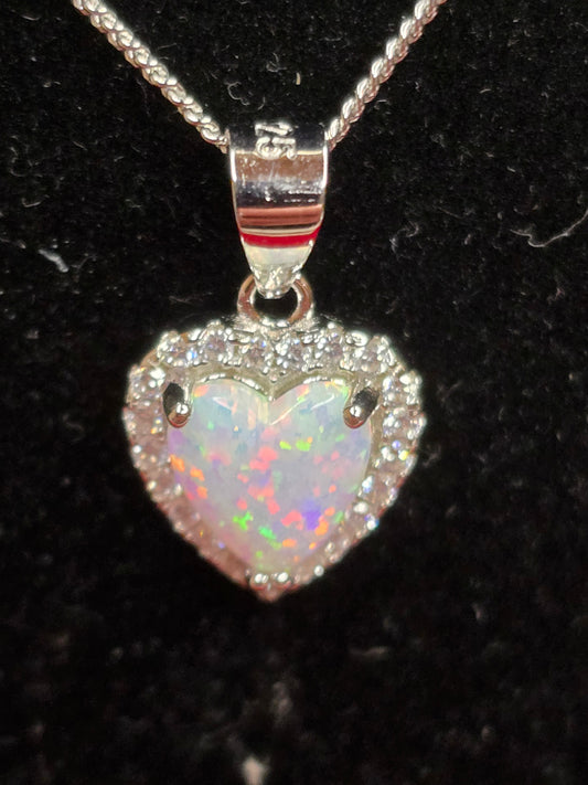 Beautiful Sterling Silver & White Opal Heart Necklace - 18 Inches